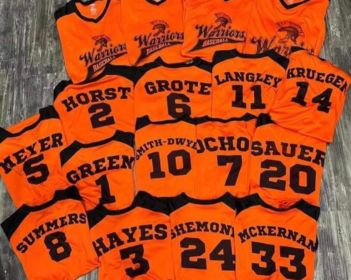 Warriors Baseball Jersey logo/sponsor, player name/number