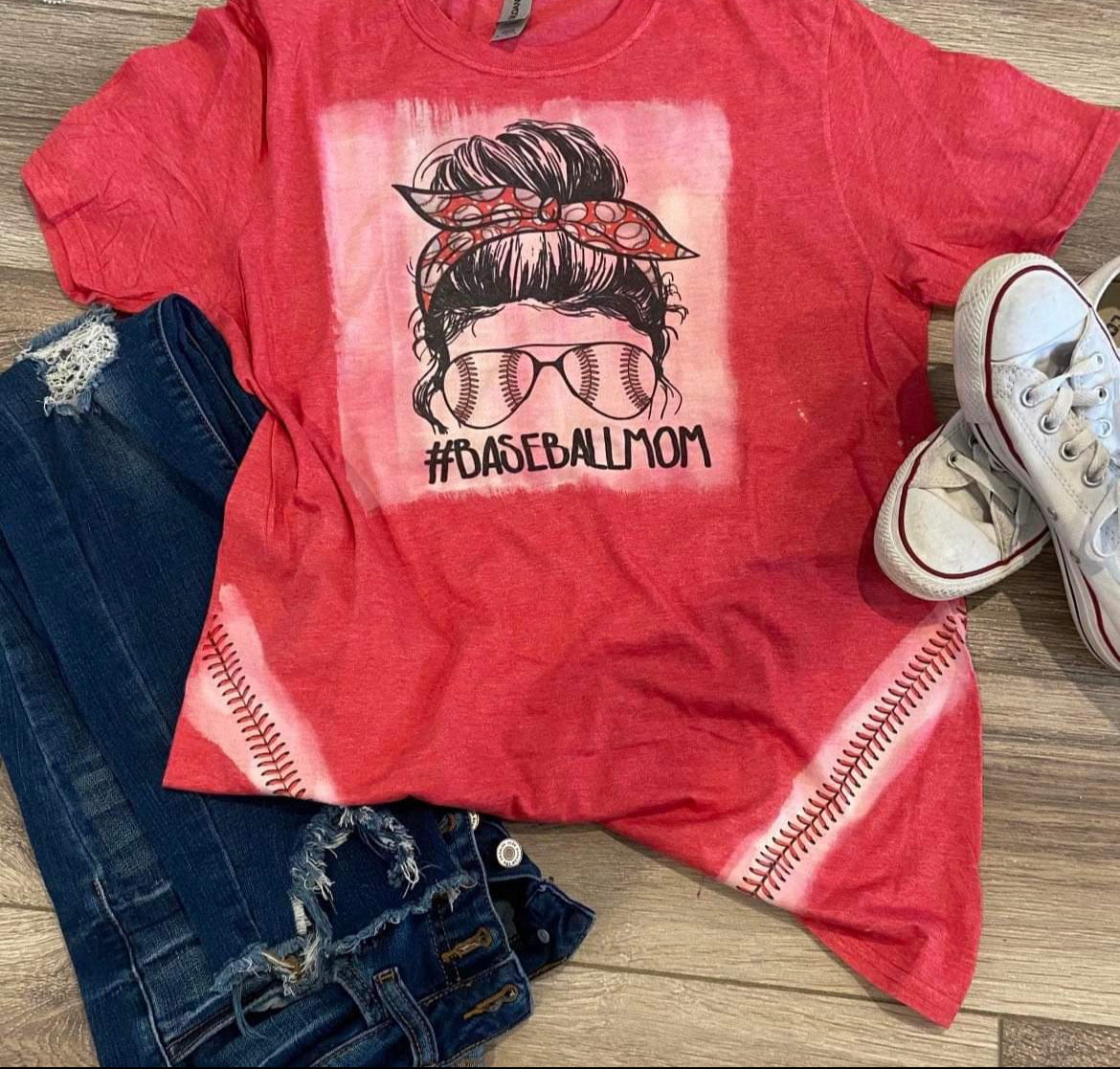 #Baseballmom Bleached Teeshirt (with stitching)