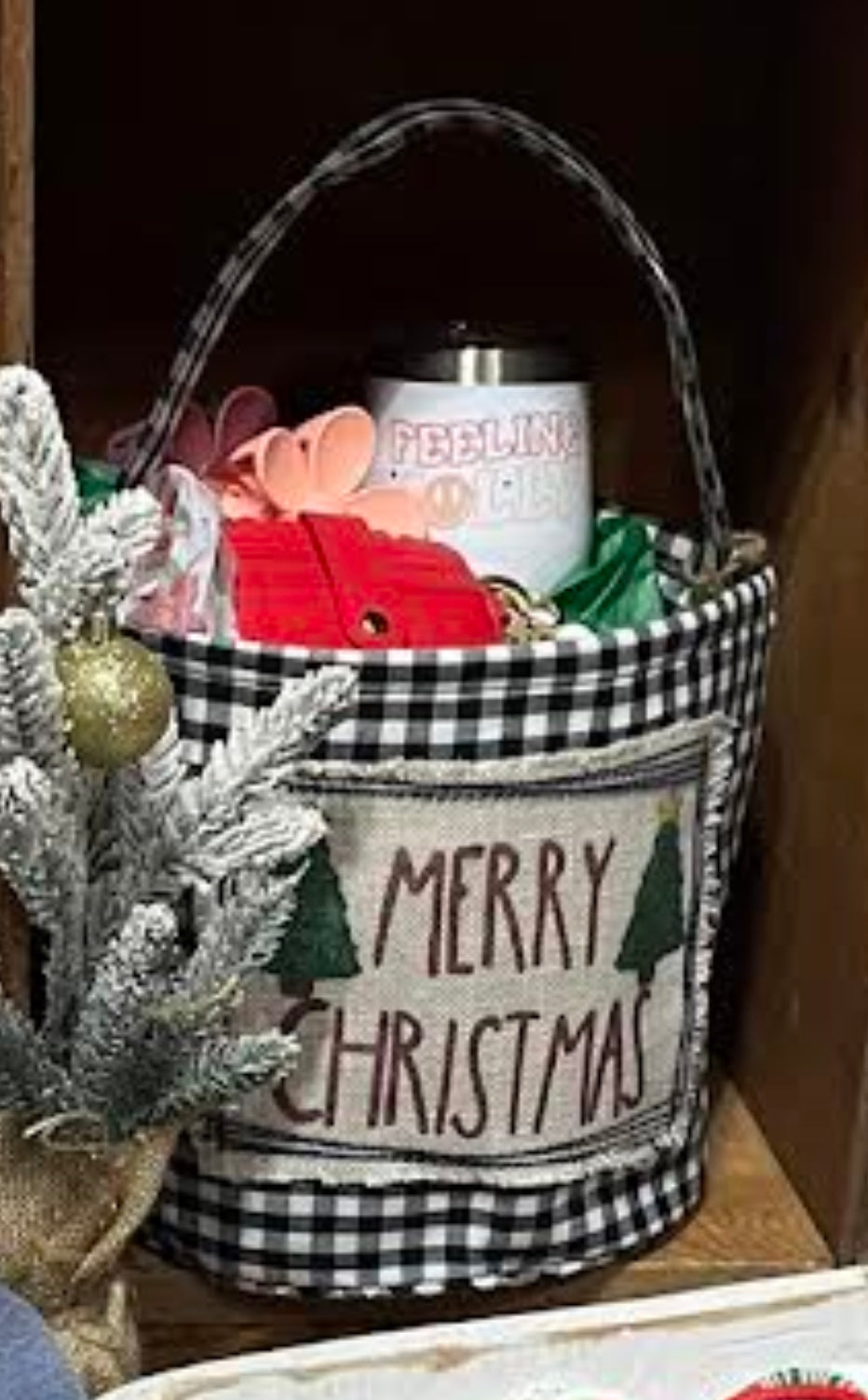 Merry Christmas Black Gingham Faux Embroidered Basket