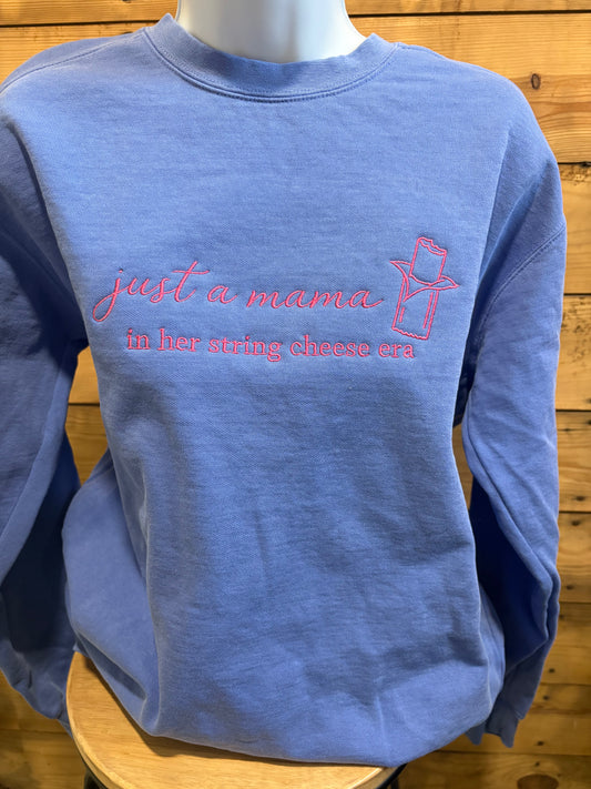 Just a Mom in Her String Cheese Era Embroidered Shirt
