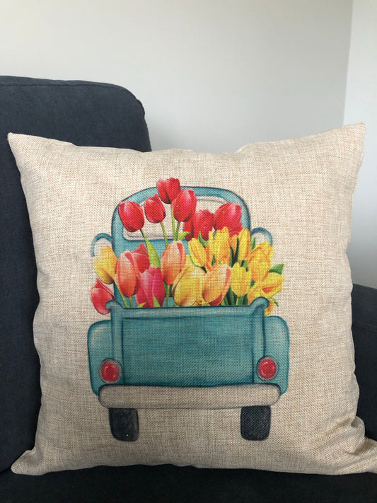 Tulip Truck Linen Pillow Cover