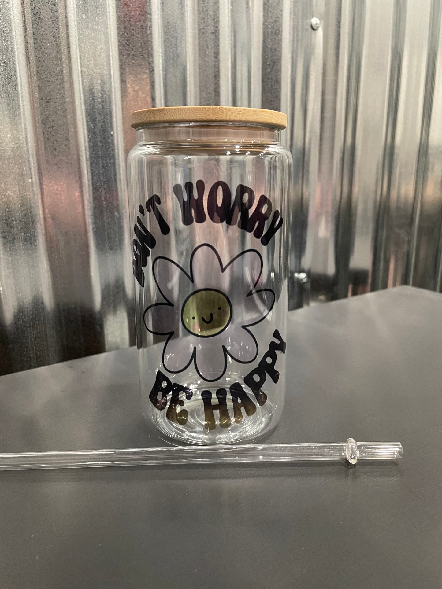 Don’t Worry Be Happy Glass Beverage Container