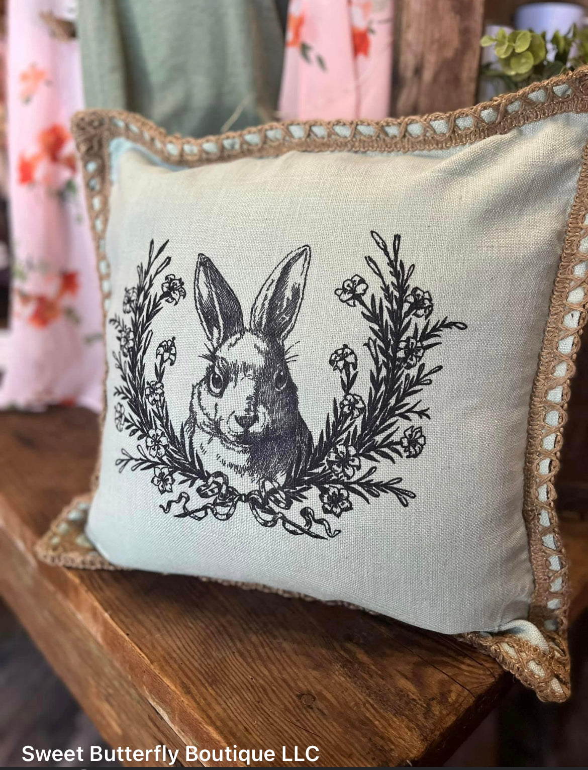 Vintage Bunny Linen Pillow Cover